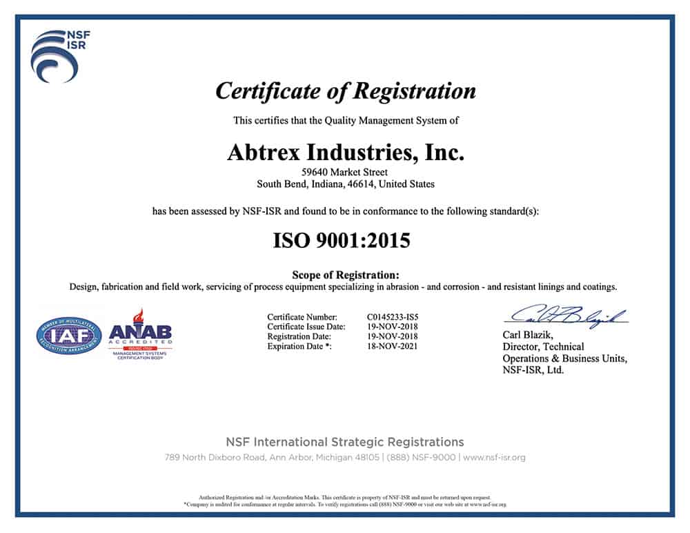 Abtrex Industries ISO9001:2015 Certification